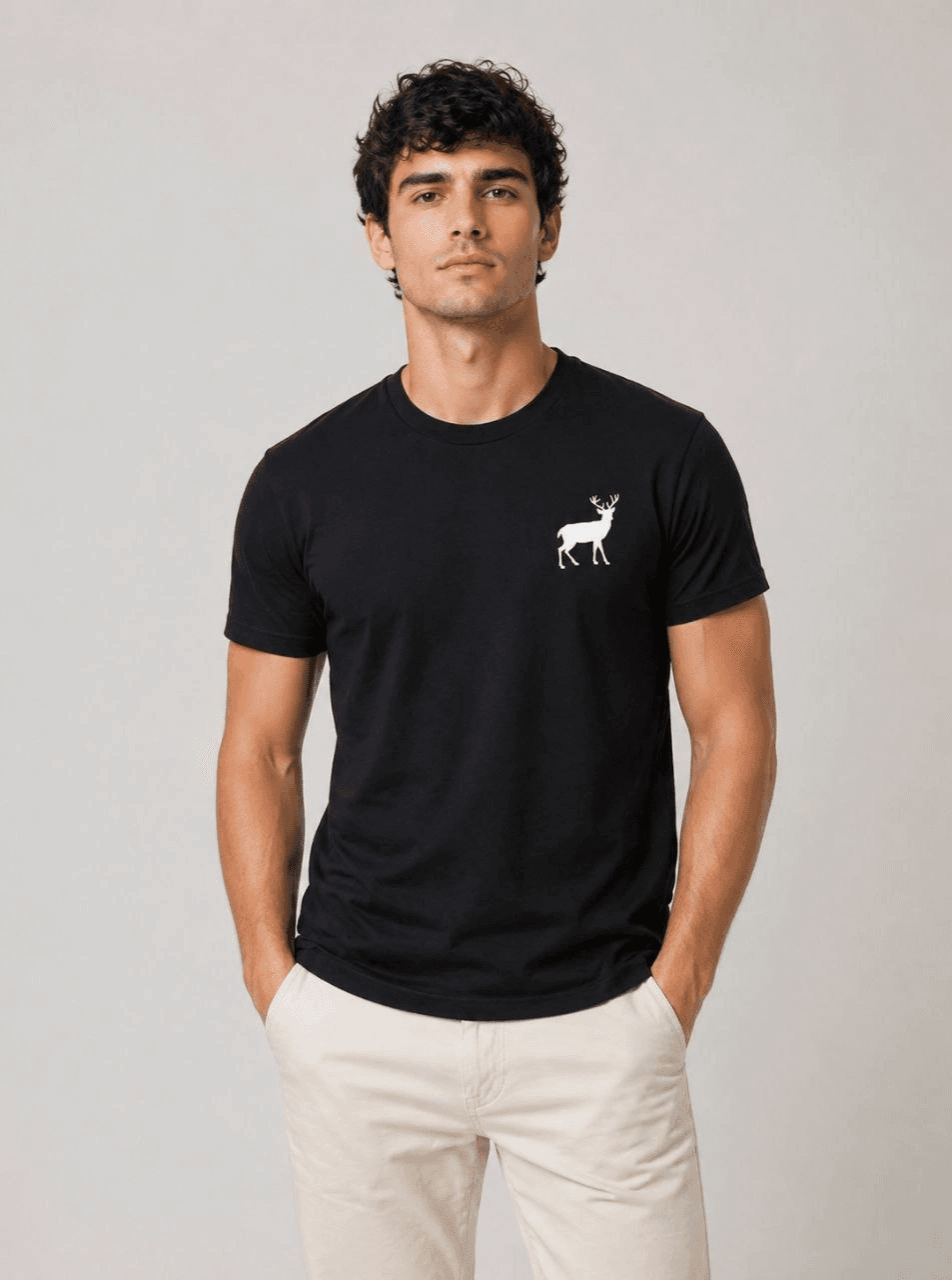 Erkek Minimal Geyik Logolu Tişört Bisiklet Yaka Kısa kol Yazlık T-Shirt - Siyah — görsel 1 / 3