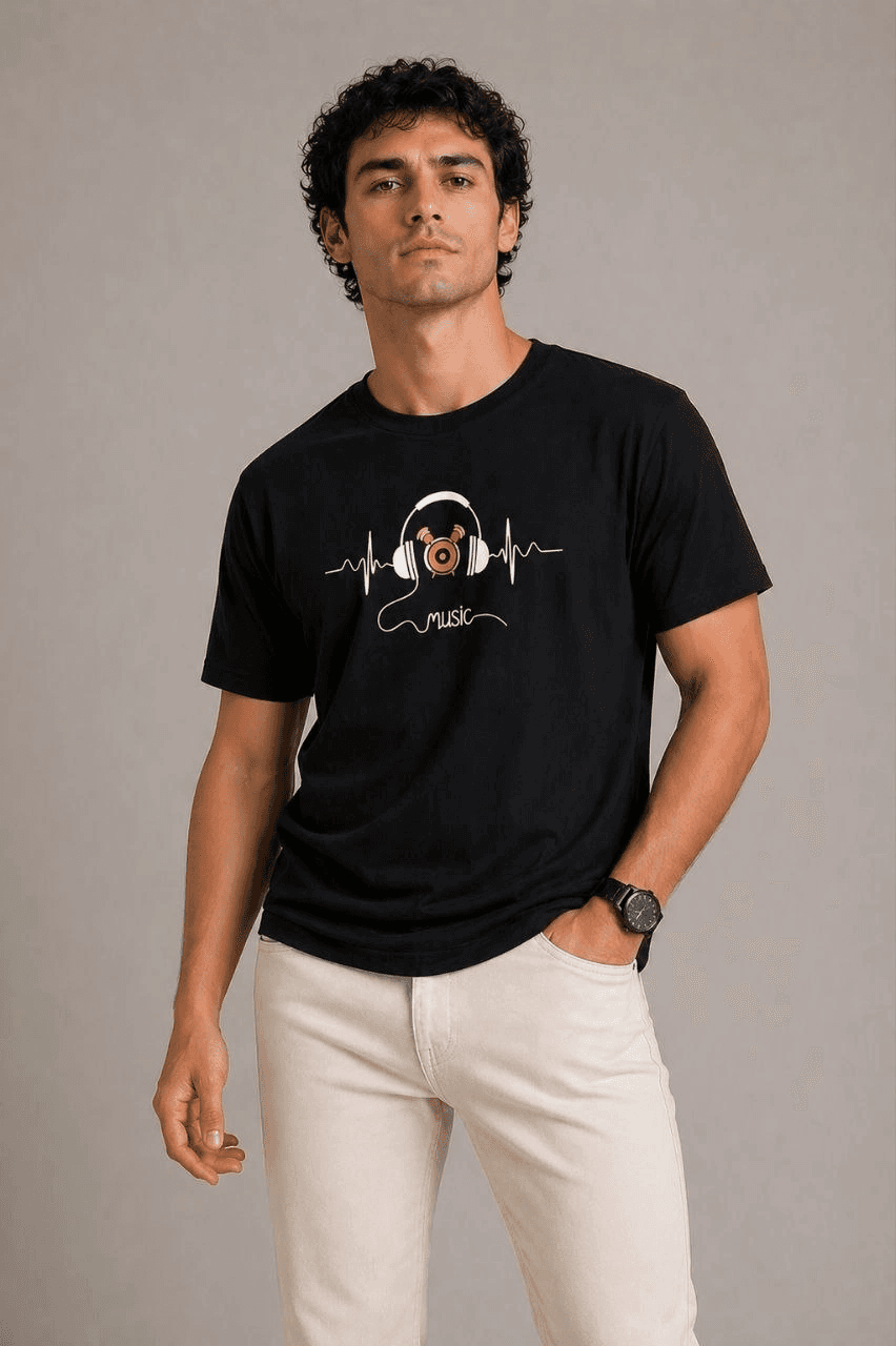 Erkek Müzik Temalı Baskılı Tişört Bisiklet Yaka Kısa Kol T-Shirt - Siyah — görsel 1 / 3
