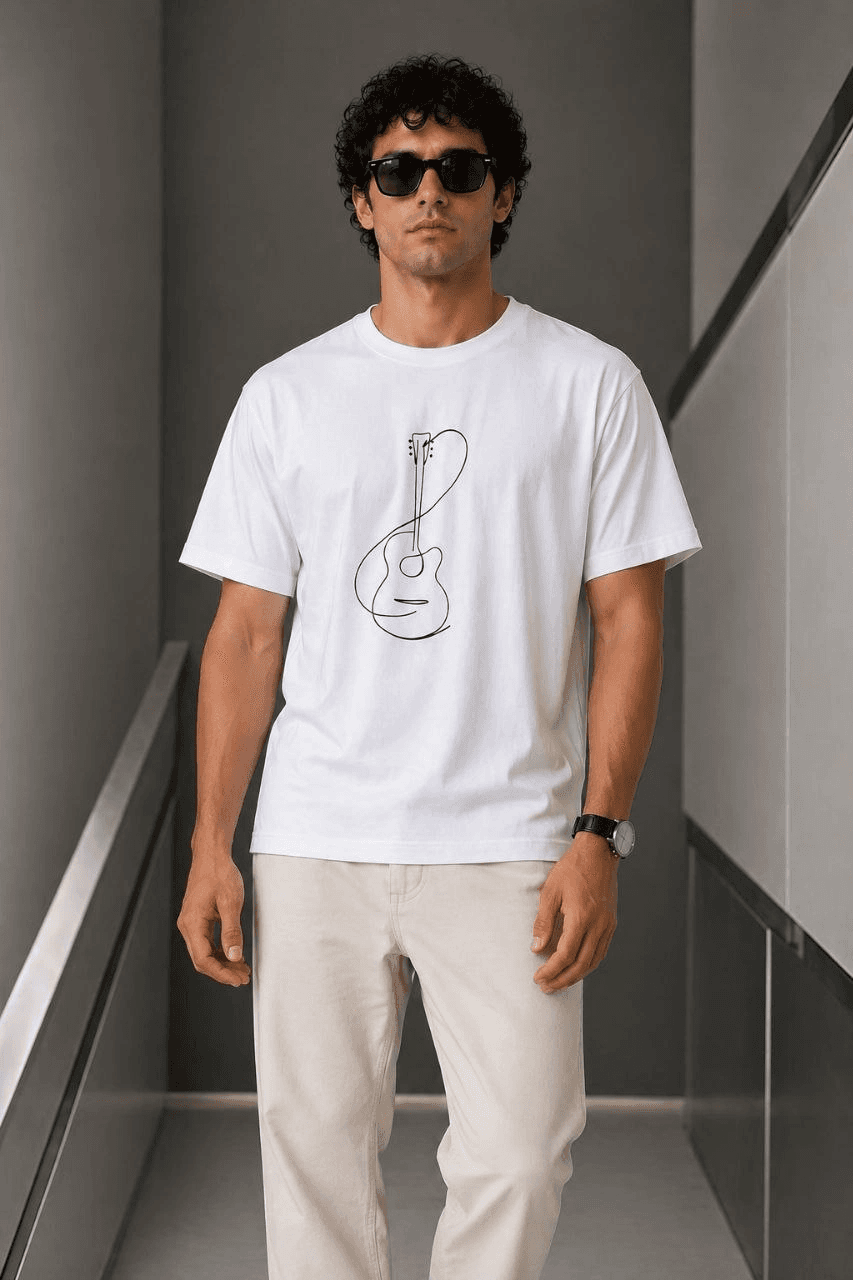 Erkek Minimal Gitar Baskılı Tişört T-Shirt Yazlık Kısa Kol Bisiklet Yaka T-Shirt - Beyaz — görsel 1 / 3