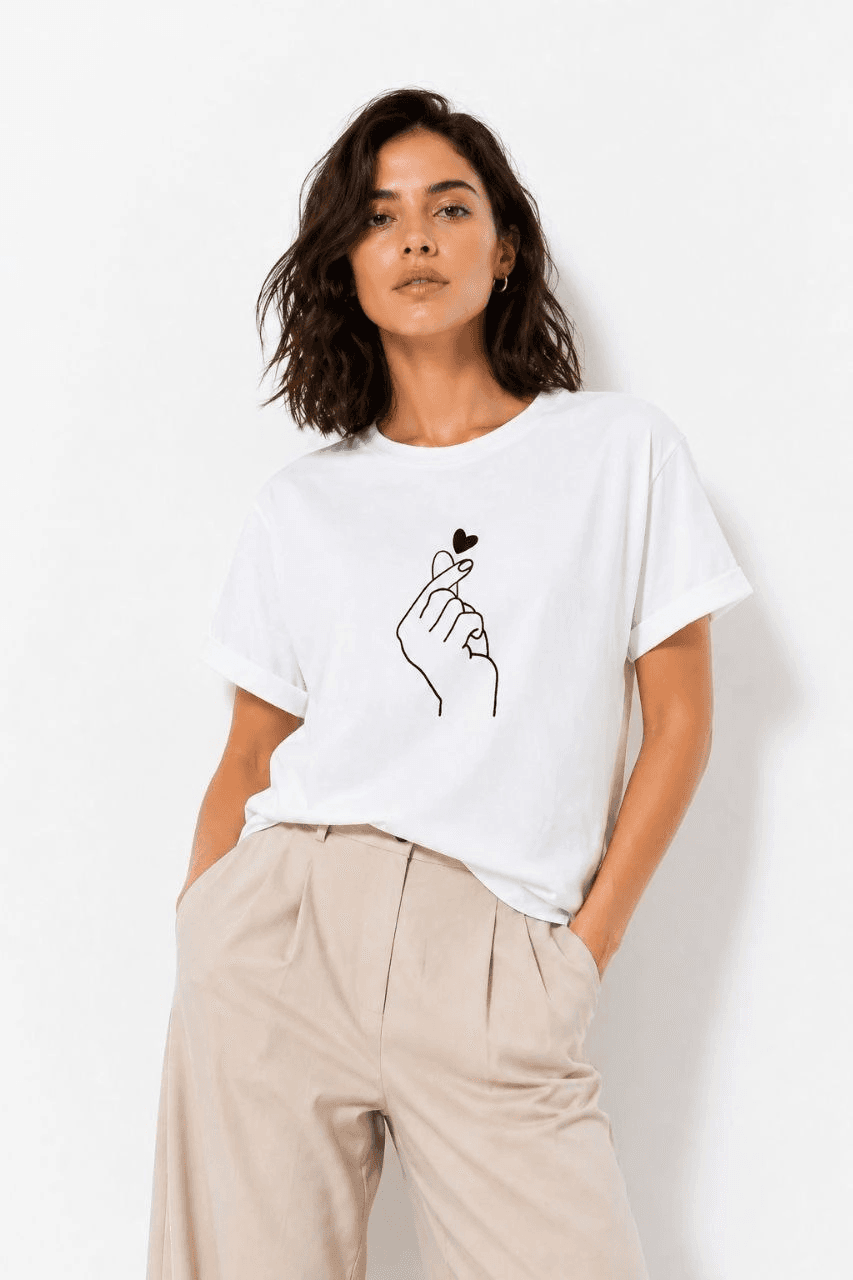 Kadın Kore Parmak Kalp Aşk Temalı Minimal Baskılı Tişört Yazlık Kısa Kol T-Shirt - Beyaz