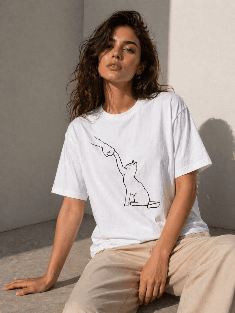 Kadın Minimal Kedi Çizim Baskılı Tişört Kısa Kol Yazlık T-Shirt - Beyaz — görsel 1 / 4