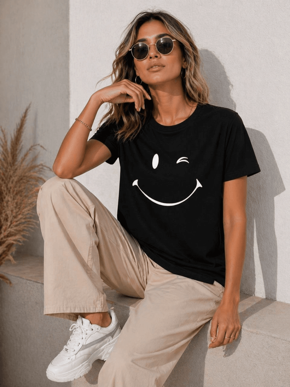 Kadın Minimal Gülümseyen Yüz Baskılı Tişört Kısa Kol Yazlık T-Shirt - Siyah — görsel 1 / 4