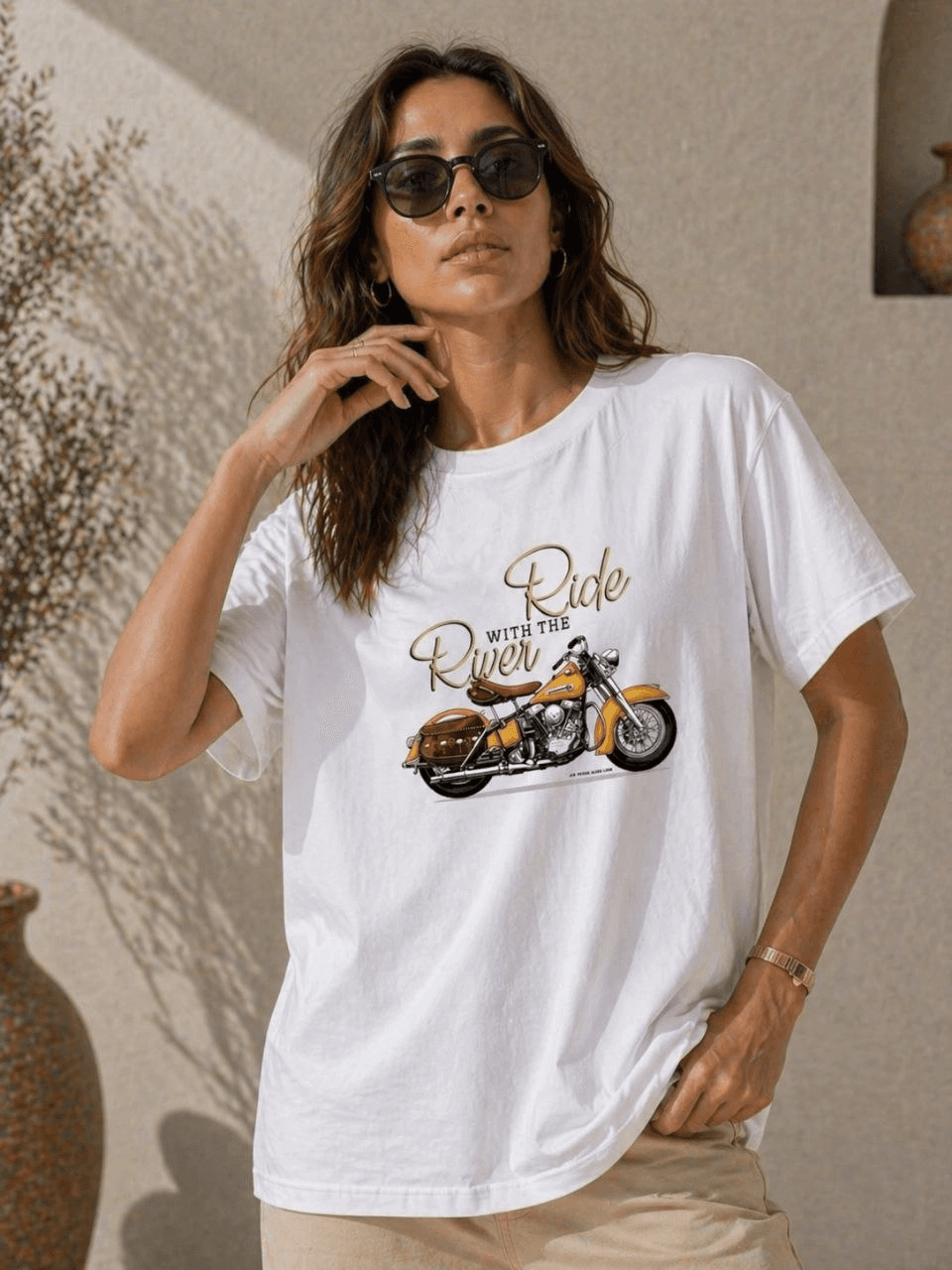 Kadın Motosiklet Baskılı Tişört Bisiklet Yaka Kısa Kol Yazlık T-Shirt - Beyaz — görsel 1 / 4
