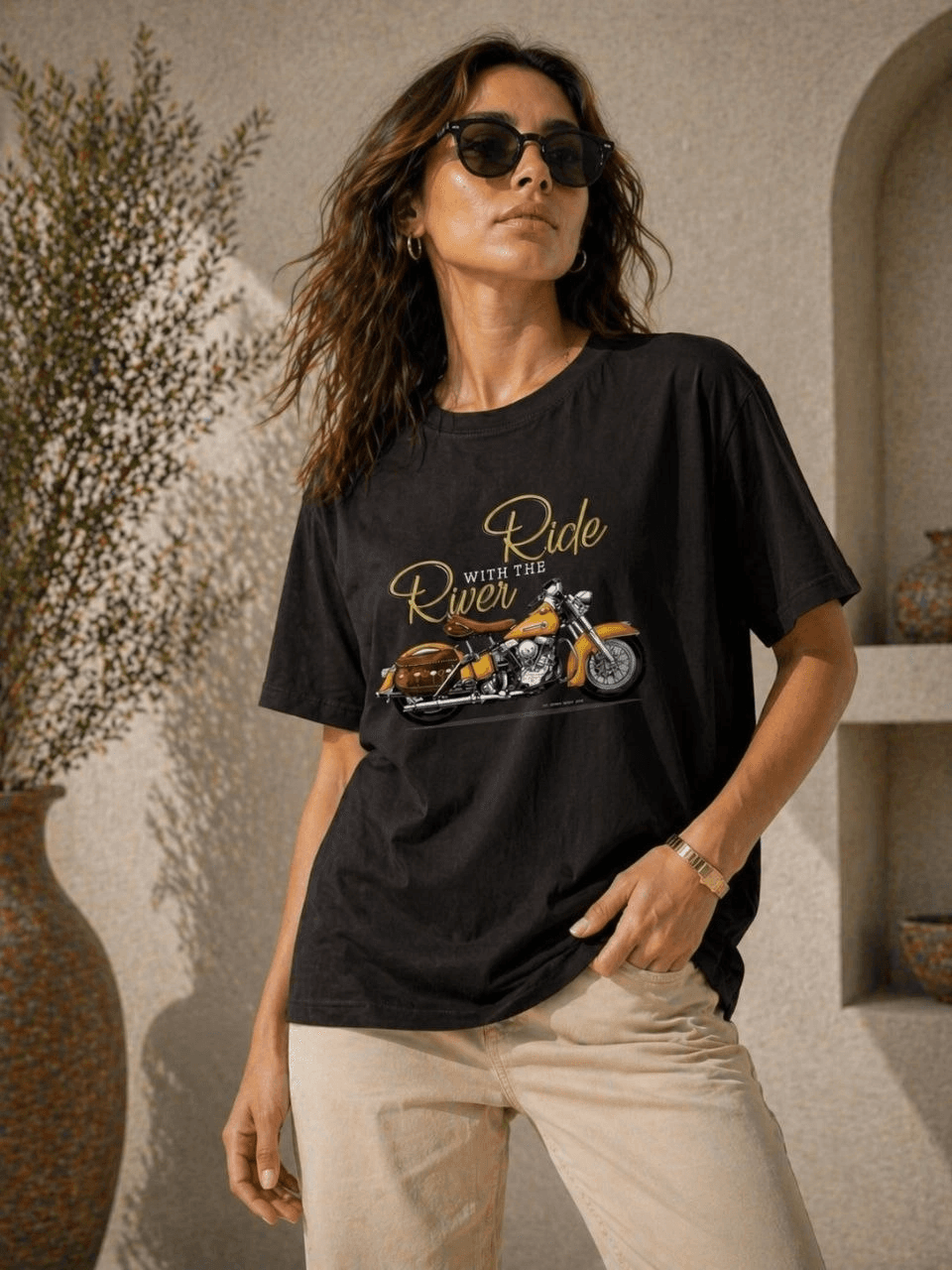 Kadın Motosiklet Baskılı Tişört Bisiklet Yaka Kısa Kol Yazlık T-Shirt - Siyah — görsel 1 / 3