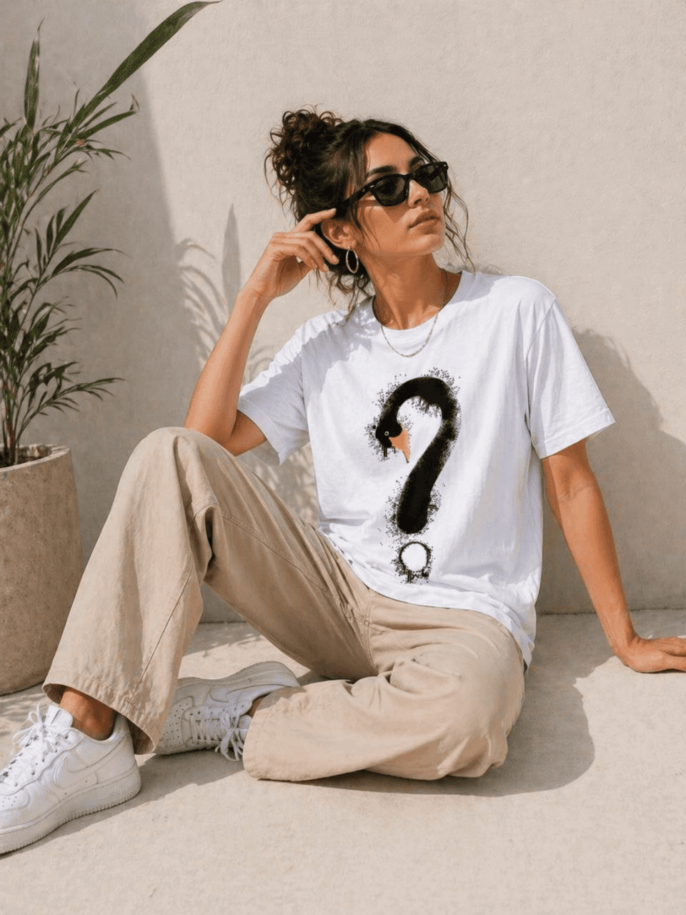 Kadın Kuğu Figürlü Soru İşareti Baskılı Tişört Kısa Kol T-Shirt - Beyaz — görsel 1 / 3