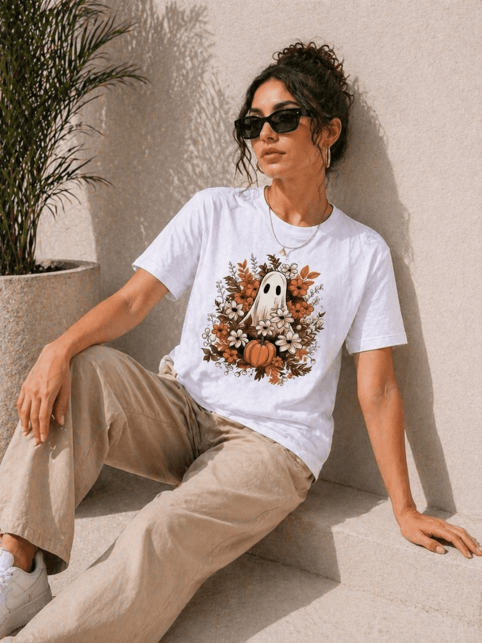 Kadın Balkabağı Hayalet Baskılı Tişört Kısa Kol Yazlık T-Shirt - Beyaz — görsel 1 / 3