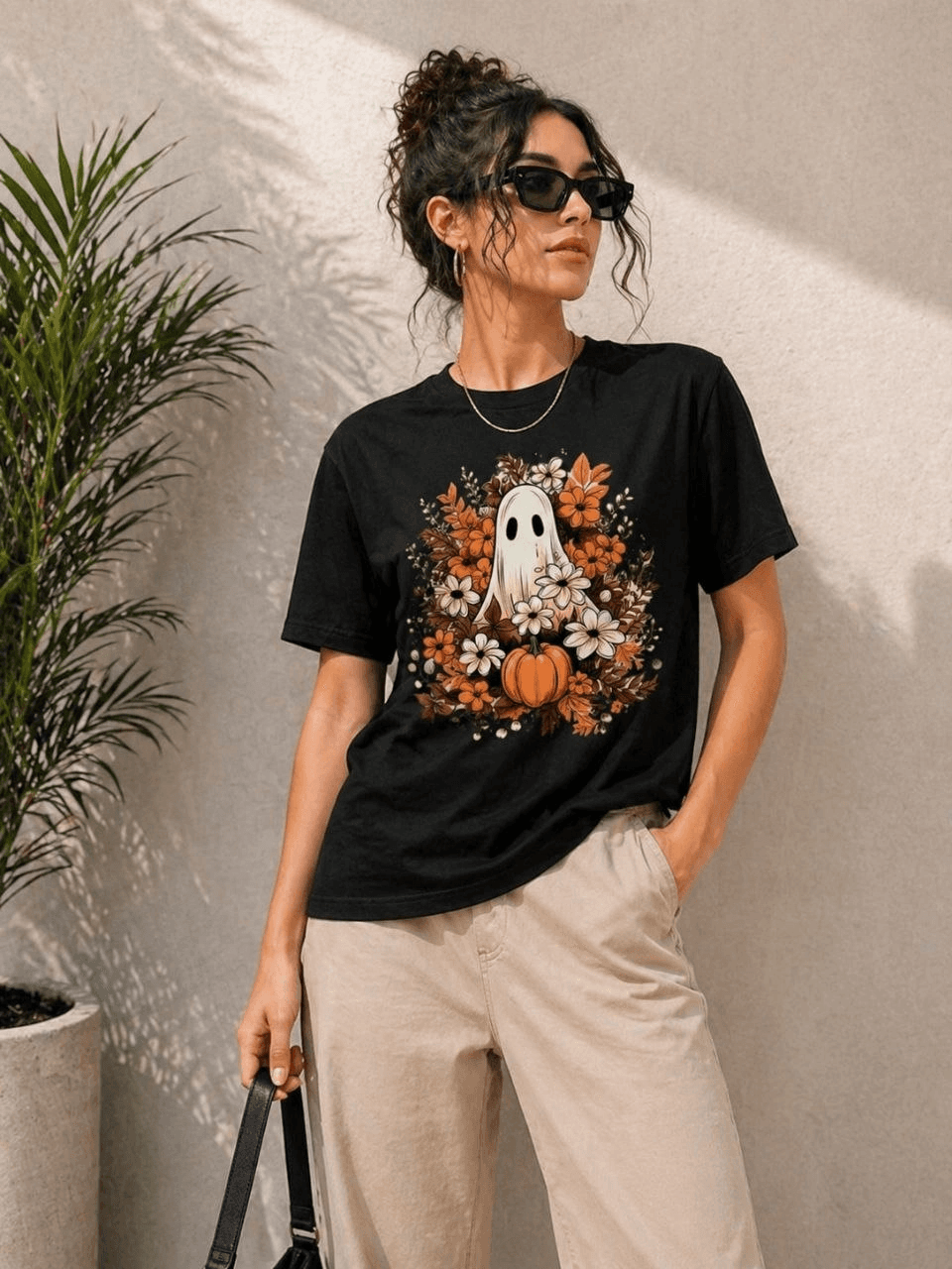 Kadın Balkabağı Hayalet Baskılı Tişört Kısa Kol Yazlık T-Shirt - Siyah — görsel 1 / 3