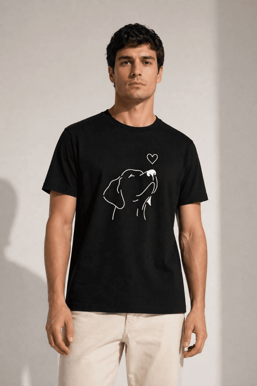 Erkek Köpek Figürlü Minimal Baskılı Tişört Kısa Kol Yazlık T-Shirt - Siyah