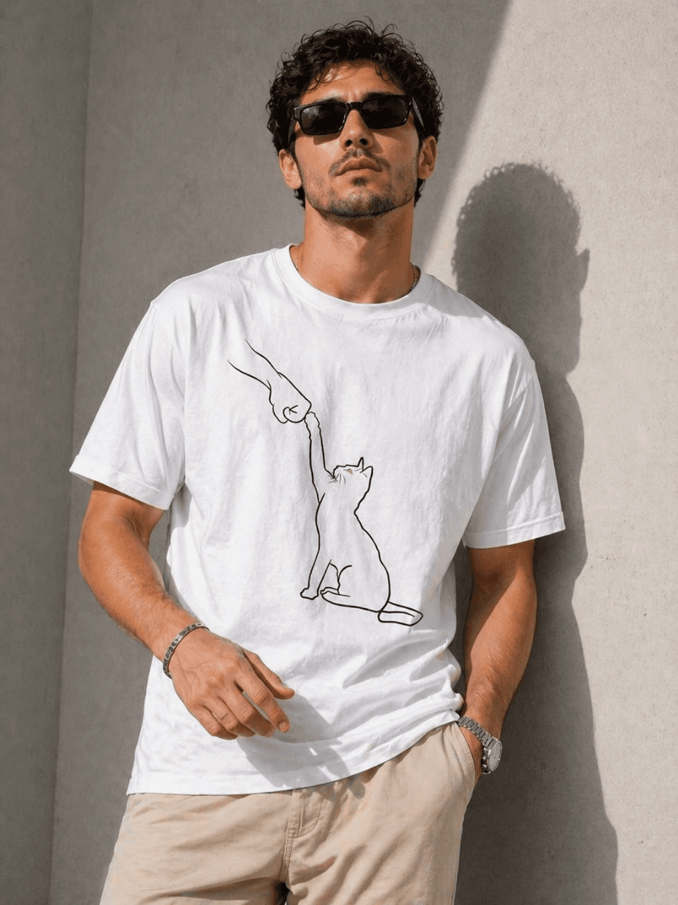 Erkek Minimal Kedi Çizim Baskılı Tişört Kısa Kol Yazlık T-Shirt - Beyaz — görsel 1 / 4