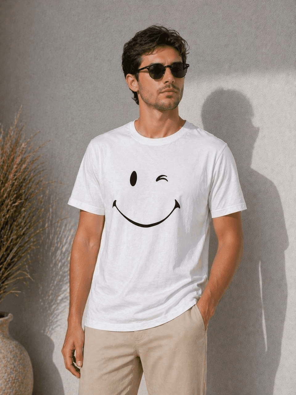 Erkek Minimal Gülümseyen Yüz Baskılı Tişört Kısa Kol Yazlık T-Shirt - Beyaz