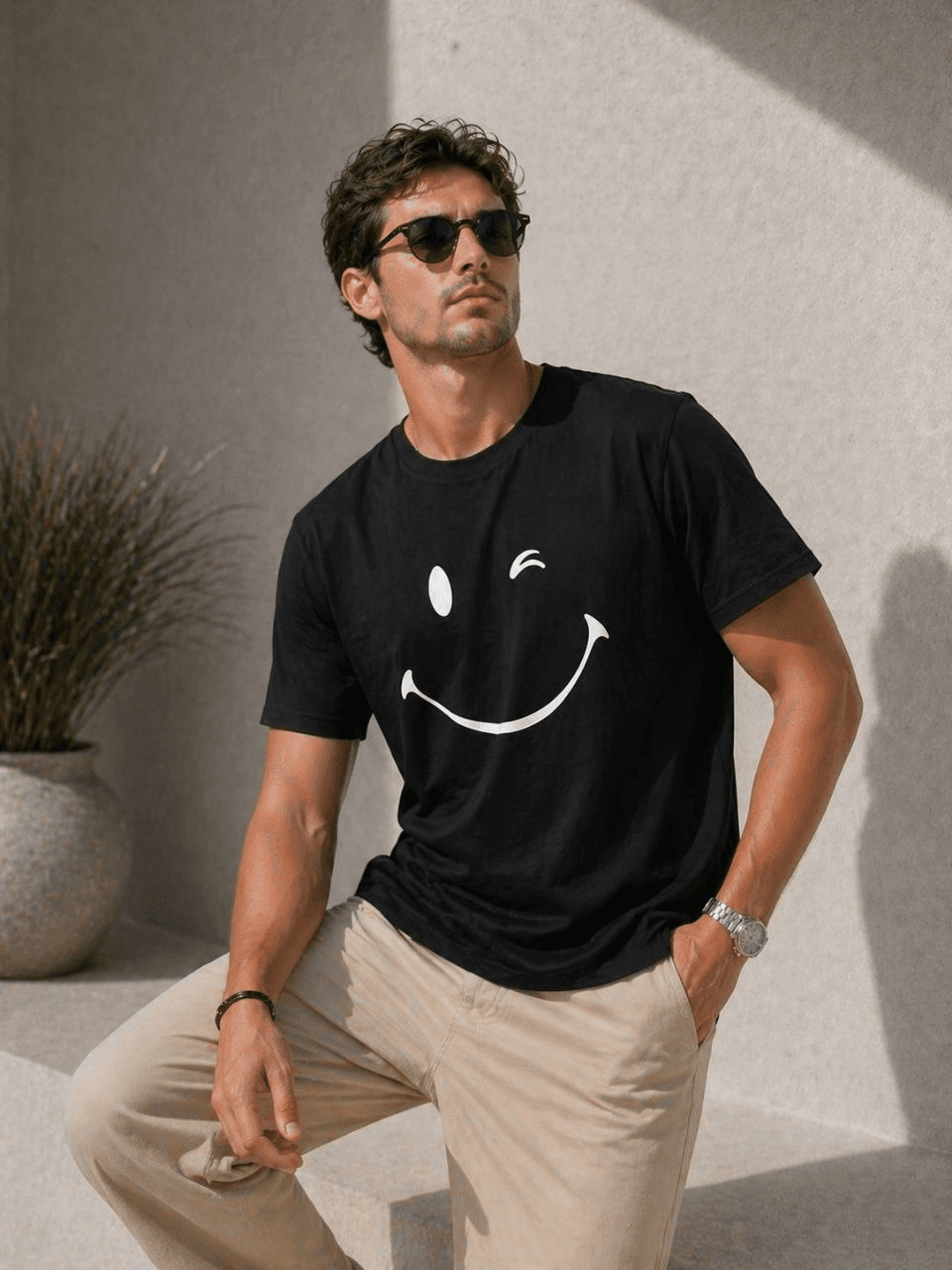 Erkek Minimal Gülümseyen Yüz Baskılı Tişört Kısa Kol Yazlık T-Shirt - Siyah