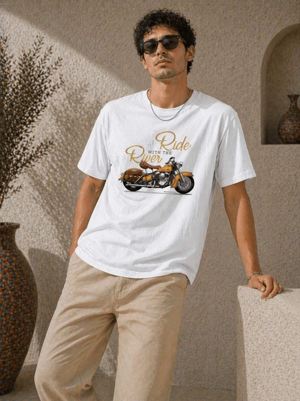 Erkek Motosiklet Baskılı Tişört Bisiklet Yaka Kısa Kol Yazlık T-Shirt - Beyaz