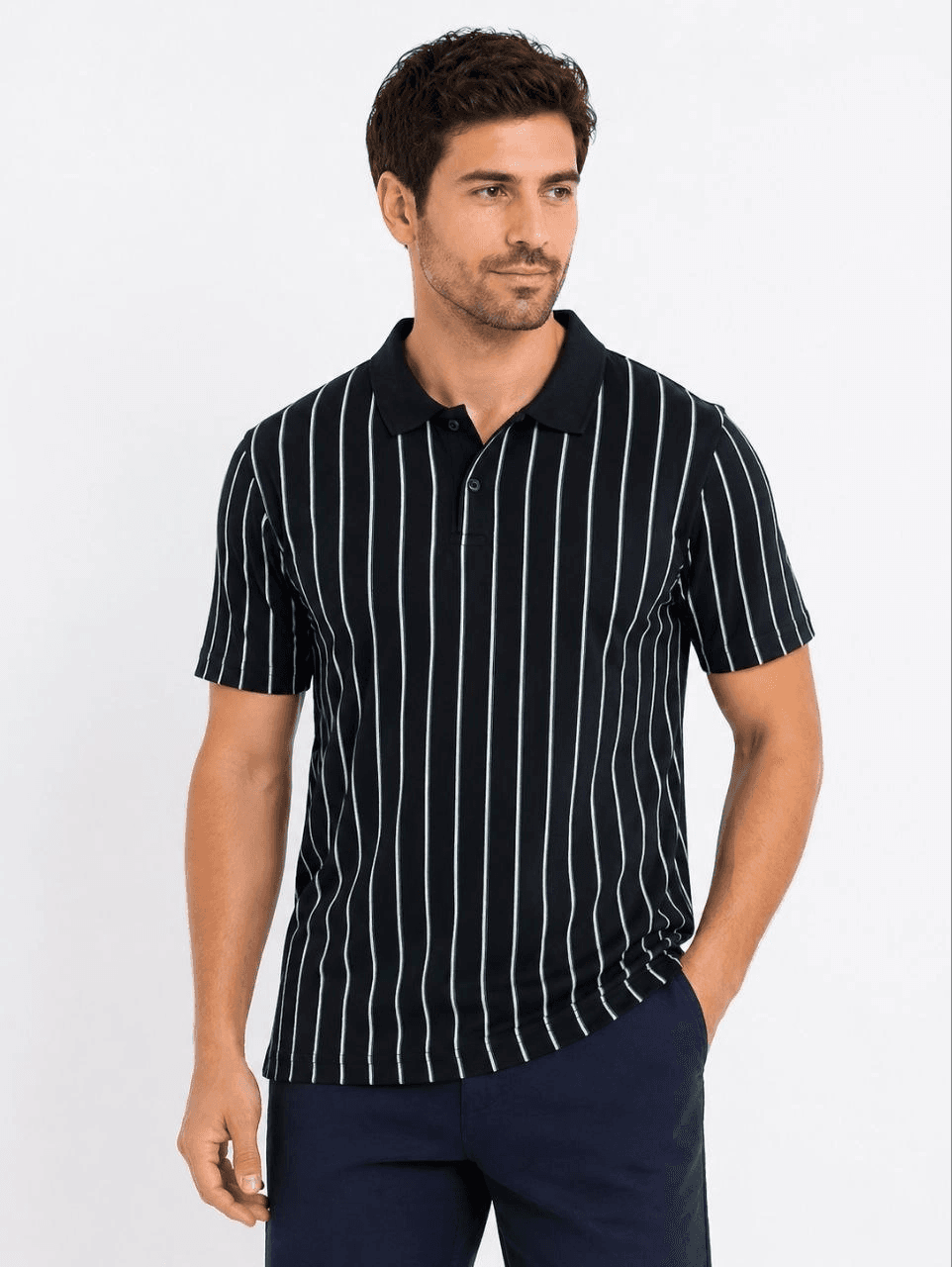 Erkek Pike Kumaş Çizgili Polo Yaka Tişört Kısa Kol Yazlık T-Shirt - Siyah — görsel 1 / 3