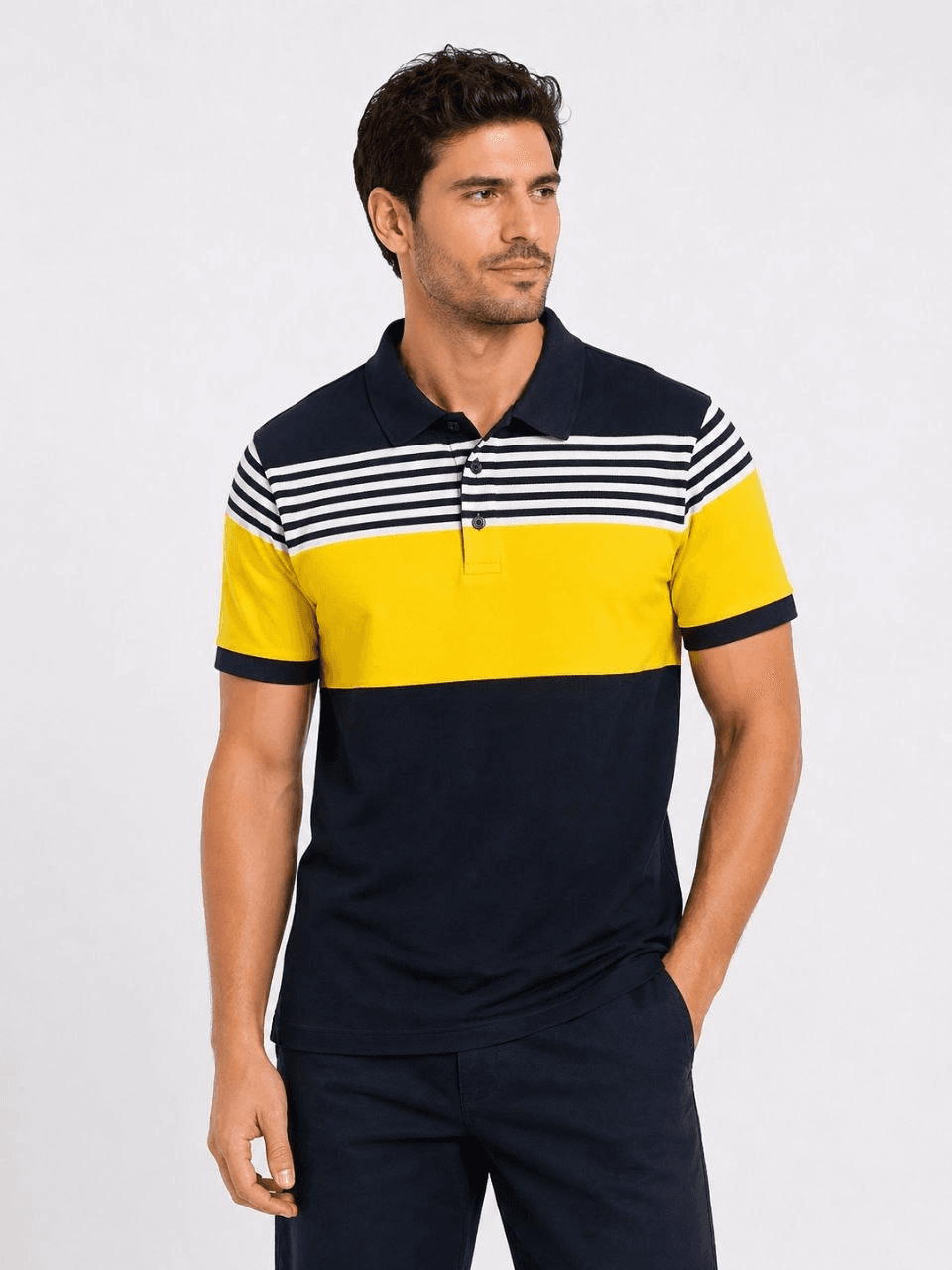 Erkek Pike Kumaş Çizgili Polo Yaka Tişört Kısa Kol Yazlık T-Shirt - Lacivert — görsel 1 / 3