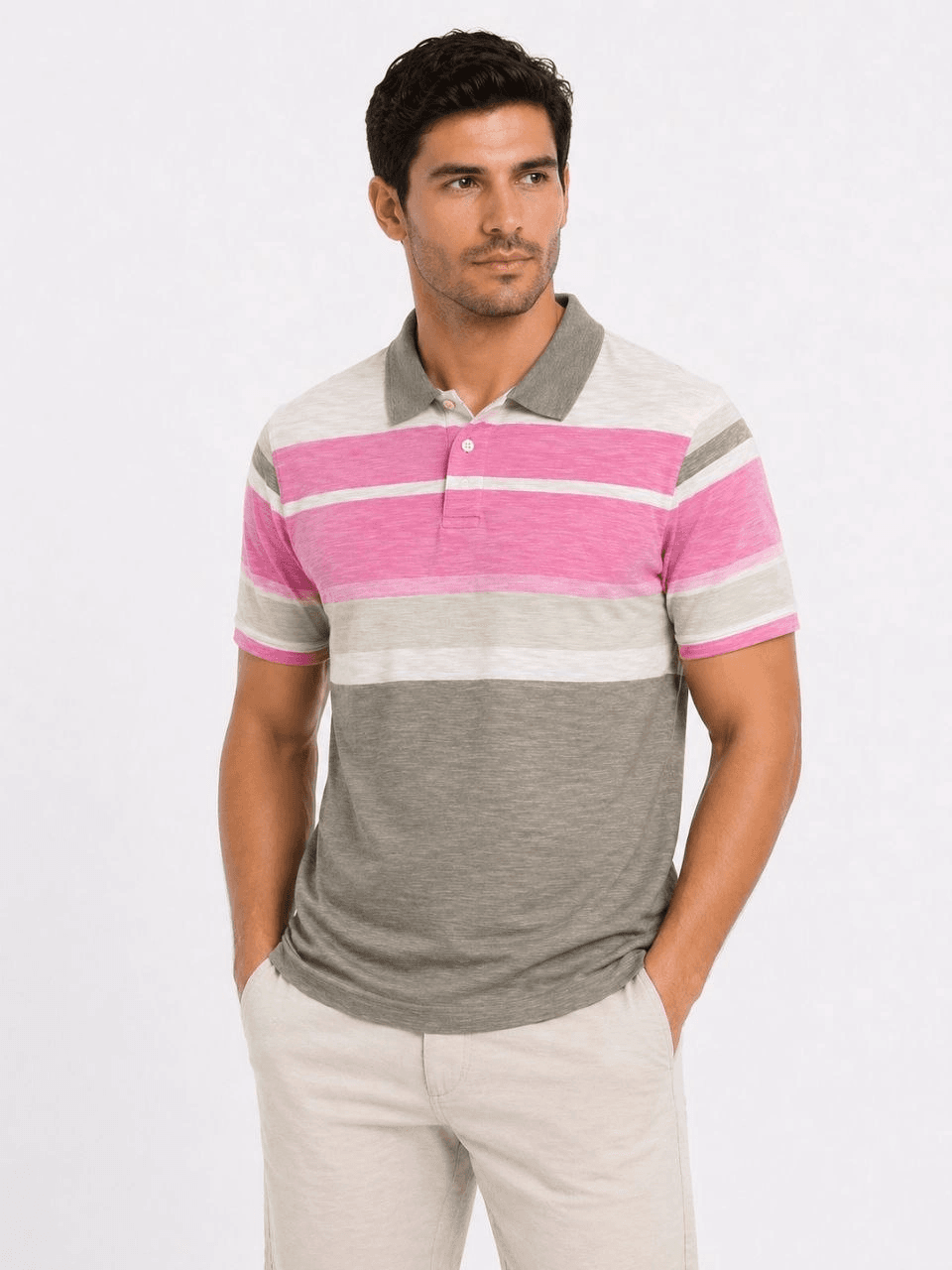 Erkek Flamlı Penye Çizgili Polo Yaka Tişört Kısa Kol Yazlık T-Shirt - Gri — görsel 1 / 3