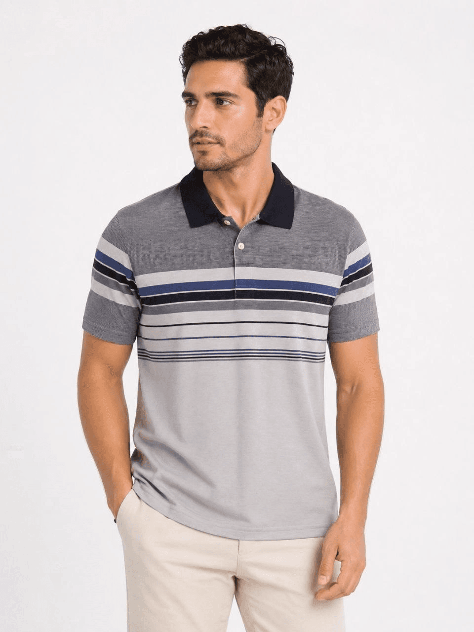 Erkek Flamlı Penye Çizgili Polo Yaka Tişört Kısa Kol Yazlık T-Shirt - Gri — görsel 1 / 3