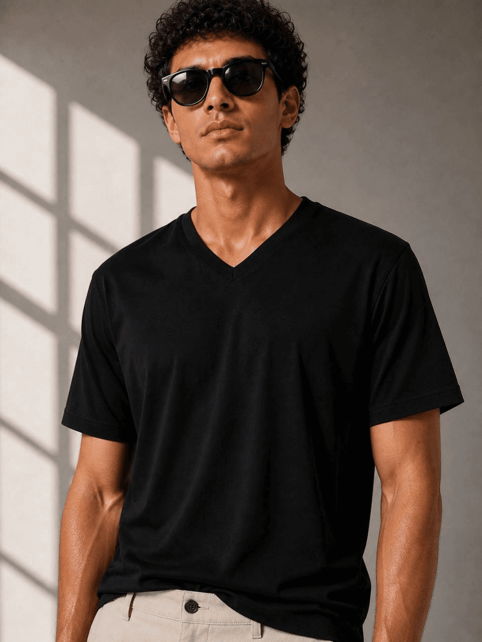 Erkek V Yaka Basic Tişört Kısa Kol Yazlık Regular Fit T-Shirt - Siyah — görsel 1 / 3
