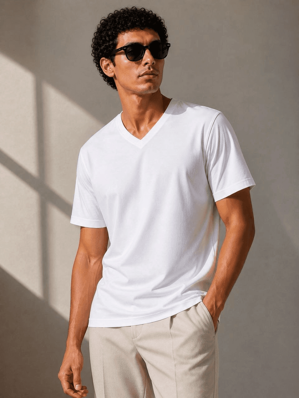 Erkek V Yaka Basic Tişört Kısa Kol Yazlık Regular Fit T-Shirt - Beyaz — görsel 1 / 4