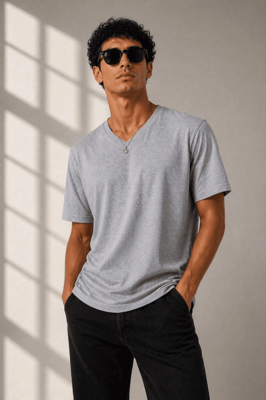 Erkek V Yaka Basic Tişört Kısa Kol Yazlık Regular Fit T-Shirt - Gri — görsel 1 / 3