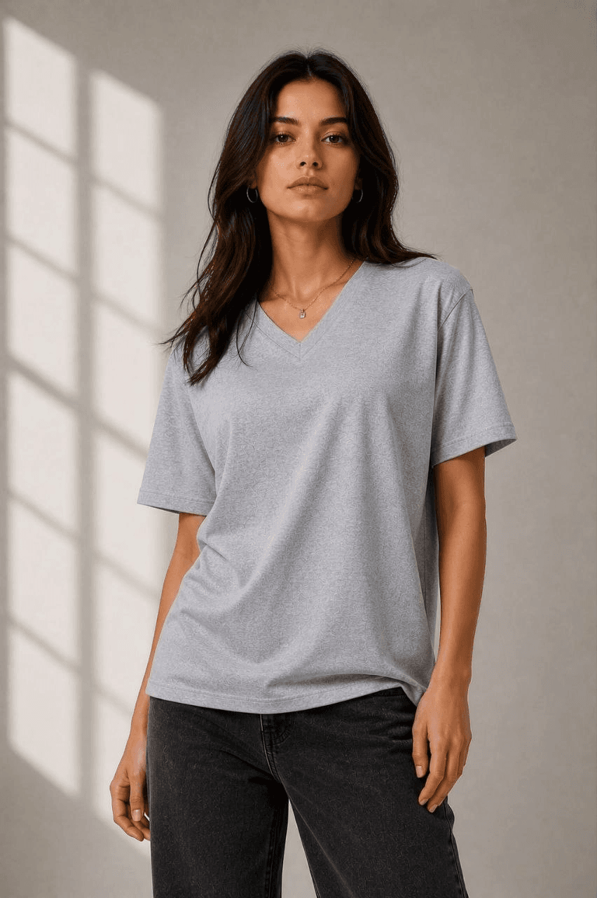 Kadın V Yaka Basic Tişört Kısa Kol Yazlık Regular Fit T-Shirt - Gri — görsel 1 / 3