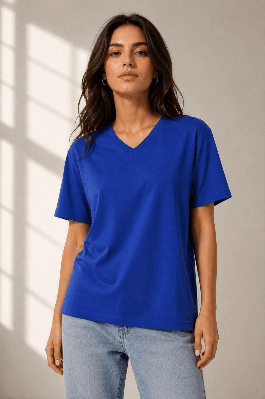 Kadın V Yaka Basic Tişört Kısa Kol Yazlık Regular Fit T-Shirt - Saks Mavisi — görsel 1 / 3