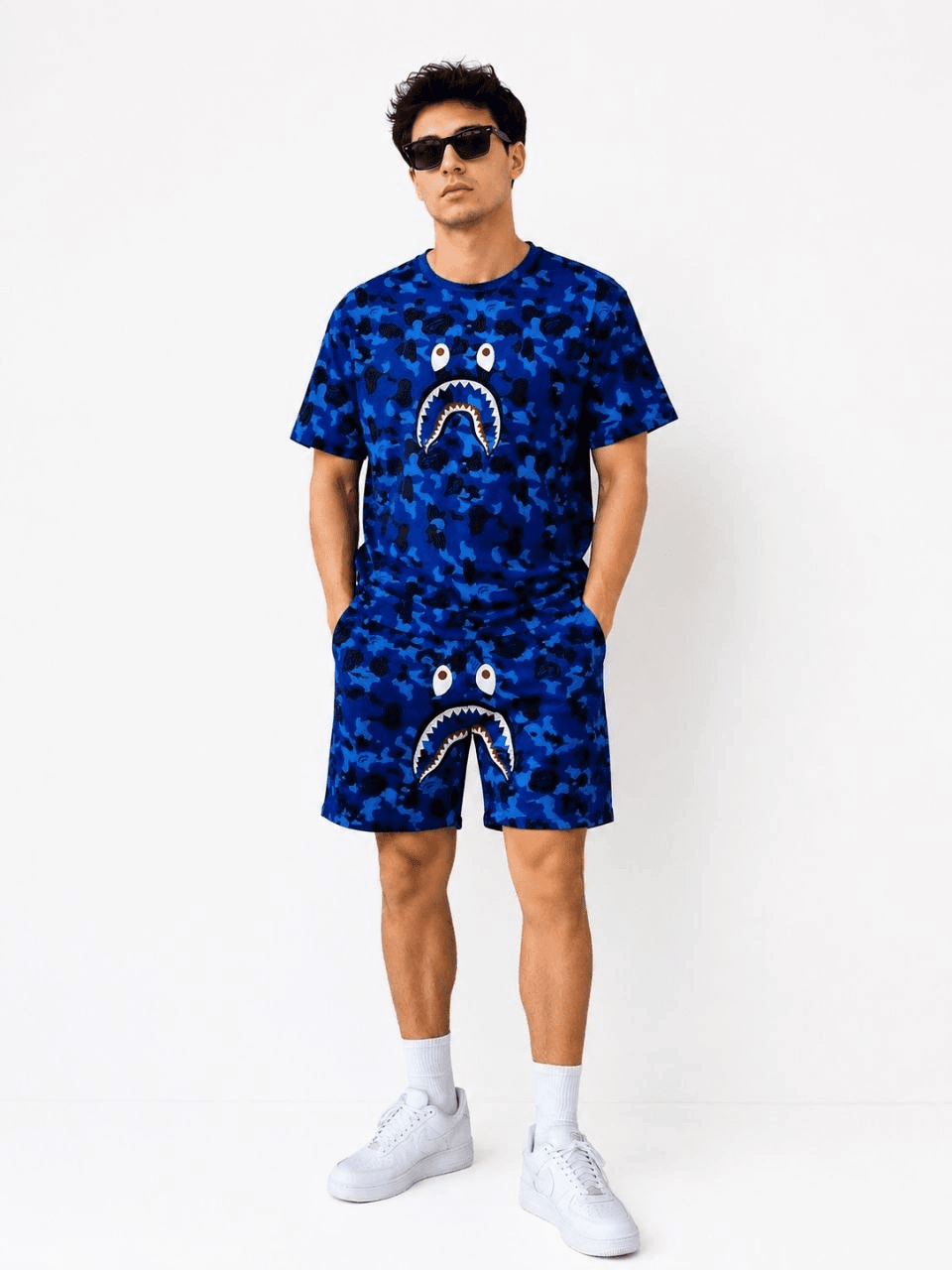 Erkek Oversize Kalıp Pubg Bape X Shark Nakışlı Cepli Şort Takım - Mavi