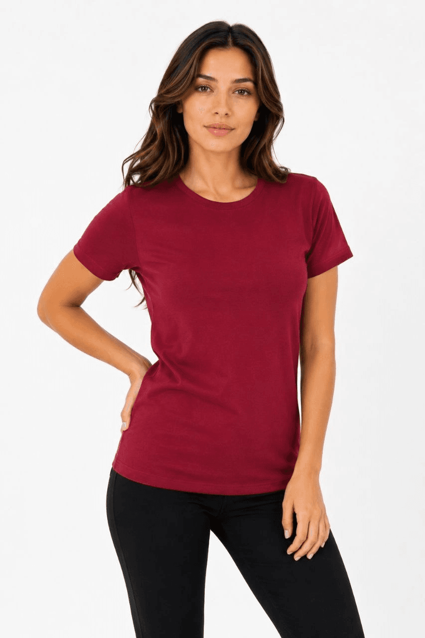 Kadın Basic Tişört Bisiklet Yaka Kısa Kol Günlük Yazlık Slim fit T-Shirt - Bordo — görsel 1 / 3