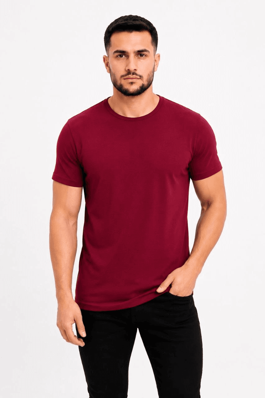Erkek Basic Tişört Bisiklet Yaka Kısa Kol Günlük Yazlık Slim fit T-Shirt - Bordo — görsel 1 / 3