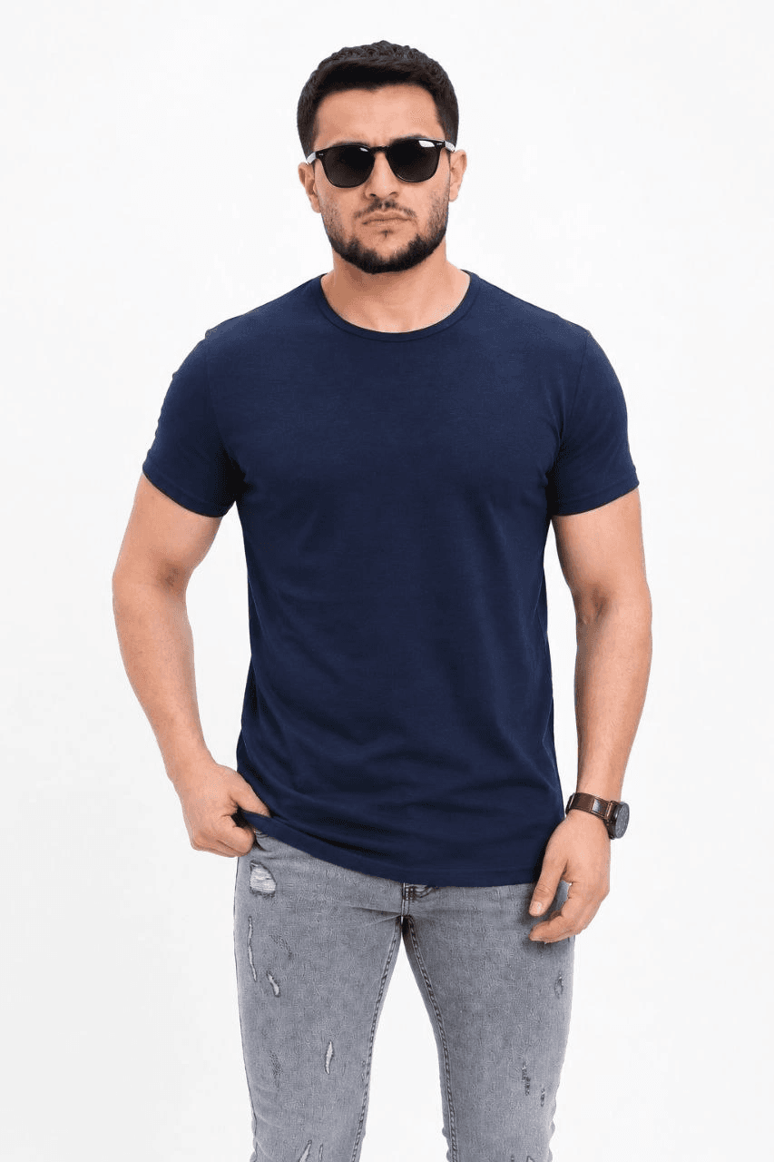 Erkek Basic Tişört Bisiklet Yaka Kısa Kol Günlük Yazlık Slim fit T-Shirt - Lacivert