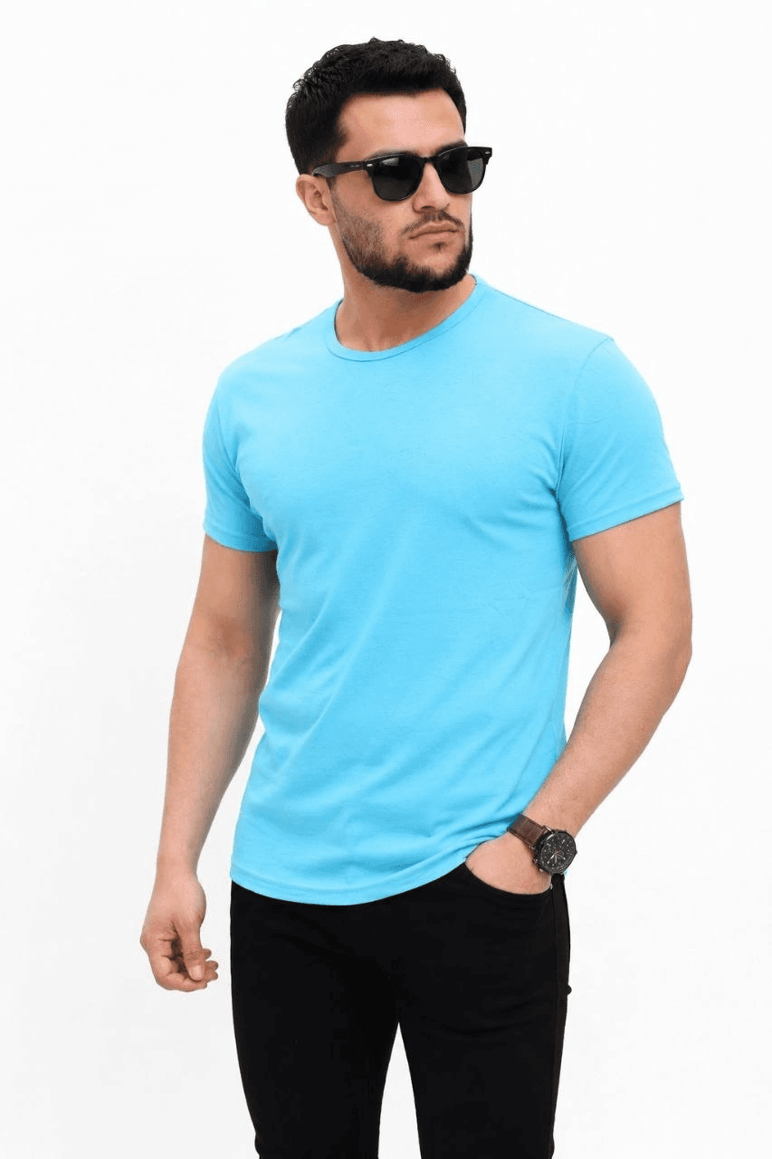 Erkek Basic Tişört Bisiklet Yaka Kısa Kol Günlük Yazlık Slim fit T-Shirt - Açık Mavi — görsel 1 / 2