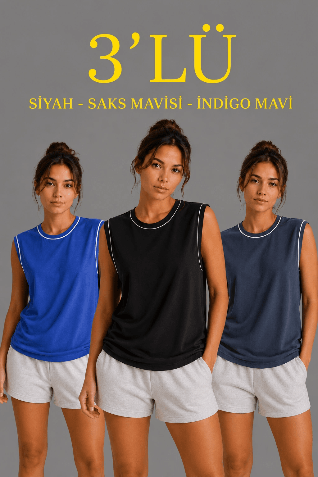 Kadın 3’lü Kolsuz Sporcu Atlet Seti Yazlık Bisiklet Yaka - Siyah, Saks Mavisi, İndigo — görsel 1 / 8