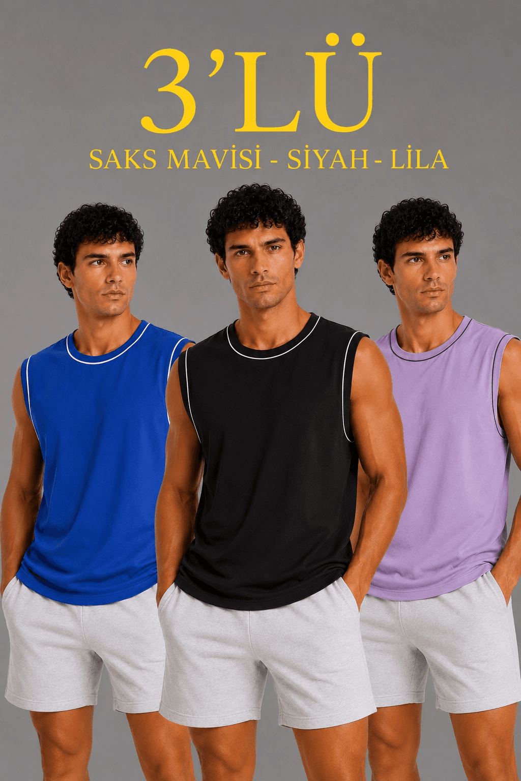 Erkek 3’lü Kolsuz Sporcu Atlet Seti Yazlık Bisiklet Yaka - Siyah, Lila, Saks Mavisi
