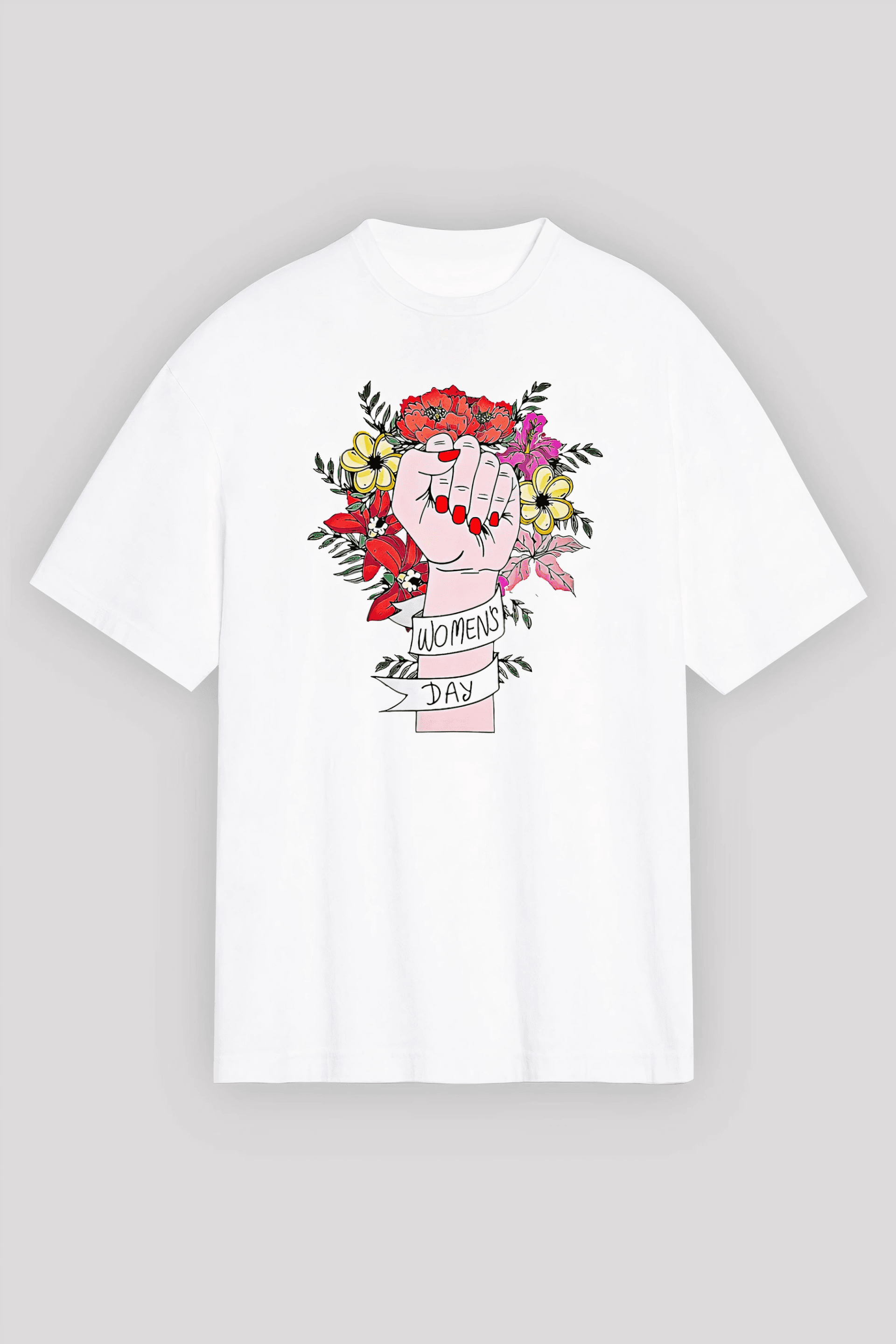 8 Mart Dünya Kadınlar Günü Baskılı Oversize Bisiklet Yaka T-shirt - Beyaz
