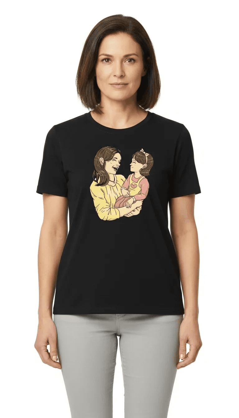Anneler Günü Hediye Anne Kız Temalı Baskılı Oversize Bisiklet Yaka T-shirt - Siyah — görsel 1 / 3