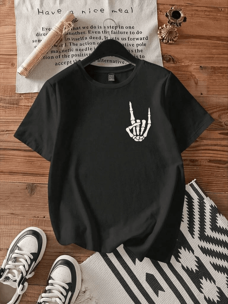 Kadın Baskılı T-Shirt Kısa Kol Bisiklet Yaka Oversize Rahat Kalıp Tişört - Siyah