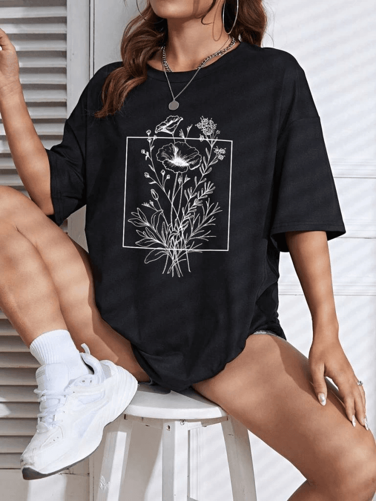 Kadın Kısa Kol Yazlık Tişört Bisiklet Yaka Baskılı Oversize T-Shirt - Siyah — görsel 1 / 2