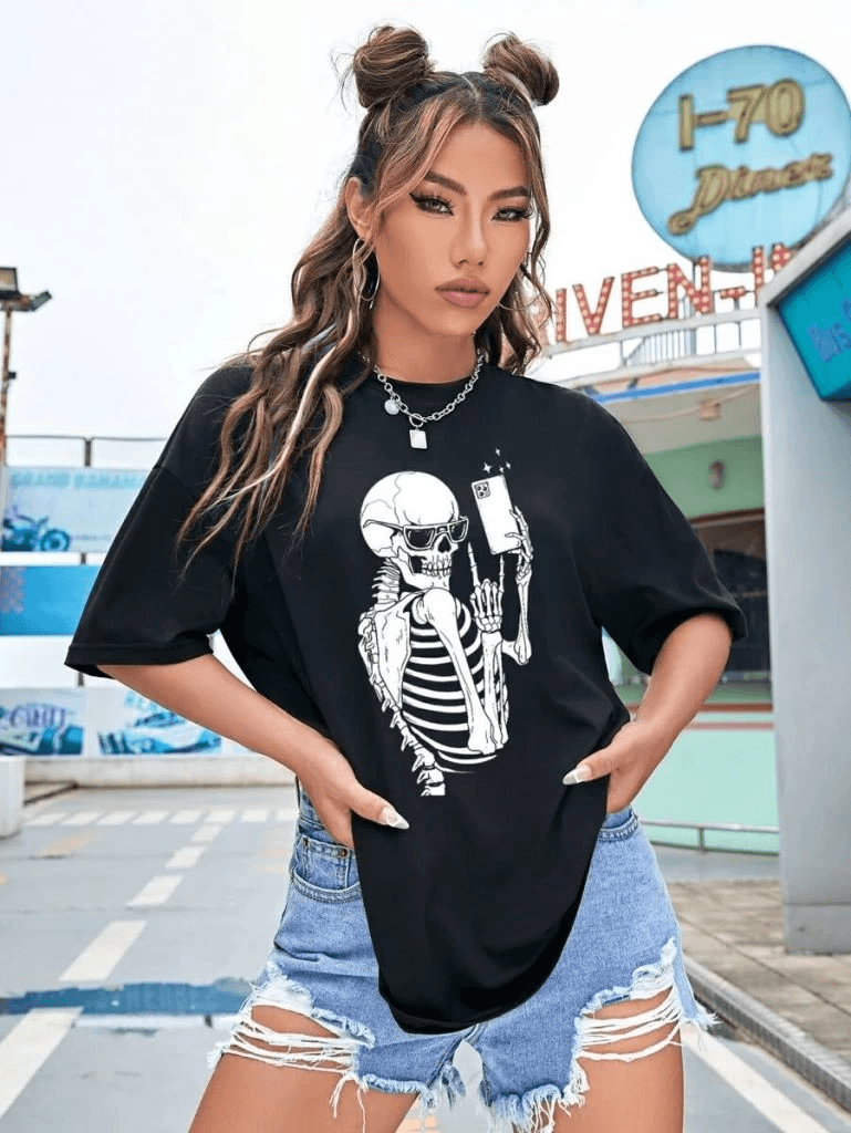 Kadın iskelet Baskılı T-Shirt Kısa Kol Bisiklet Yaka Oversize Tişört - Siyah