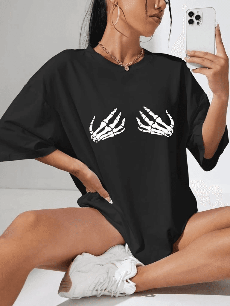 Kadın Baskılı T-Shirt Kısa Kol Bisiklet Yaka Oversize Rahat Kalıp Tişört - Siyah — görsel 1 / 4