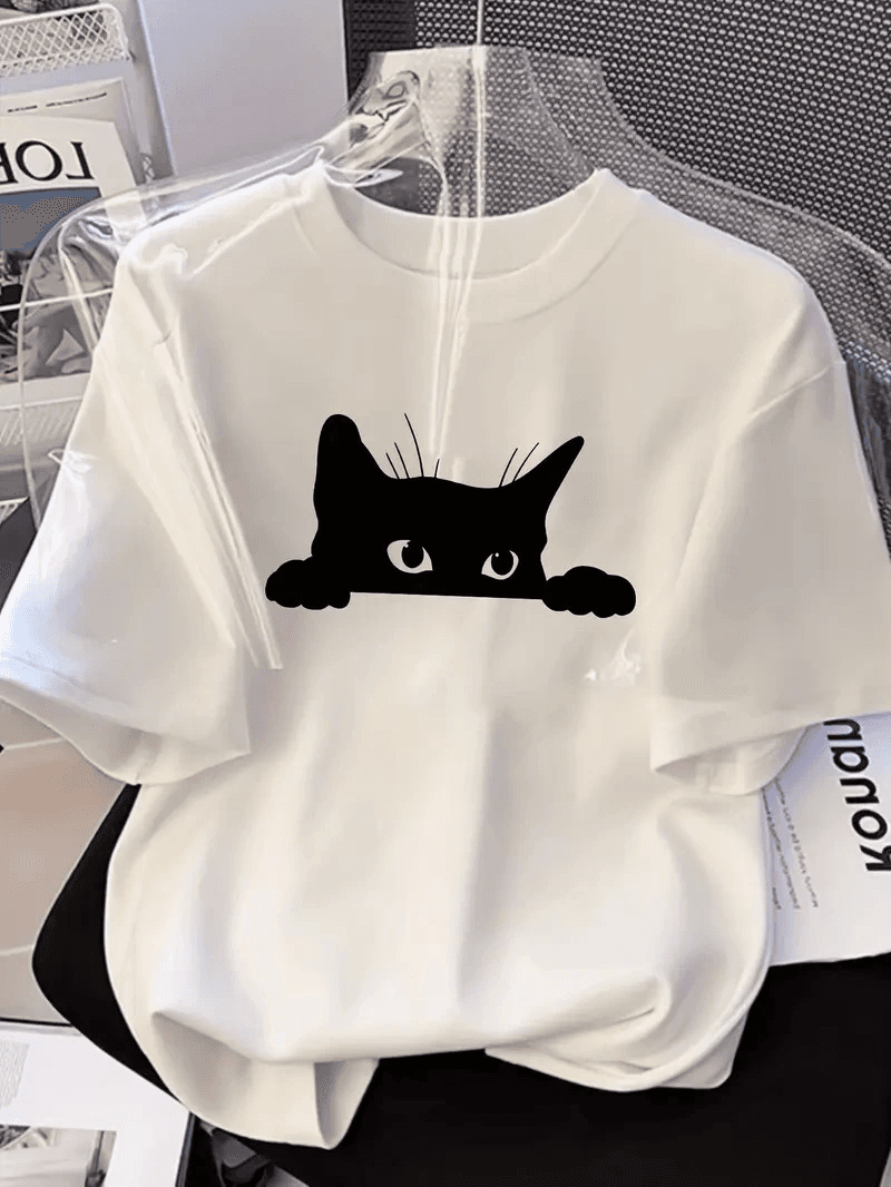 Kadınlar için Siyah Kedi Grafik Tişört - Oversize Kısa Kollu Üst Nefes Alabilir - Beyaz — görsel 1 / 4