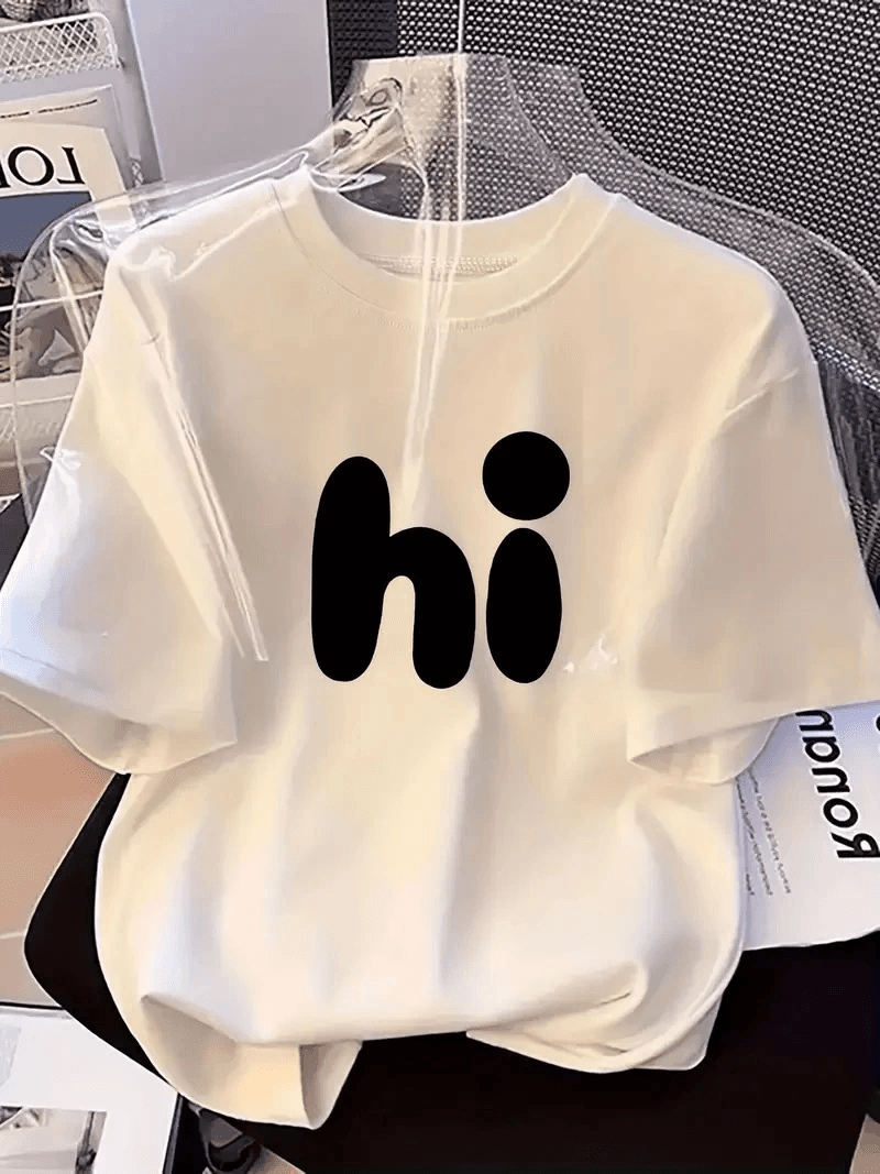 Kadın Kısa Kol Yazlık Tişört Bisiklet Yaka hi Baskılı T-Shirt - Beyaz — görsel 1 / 5