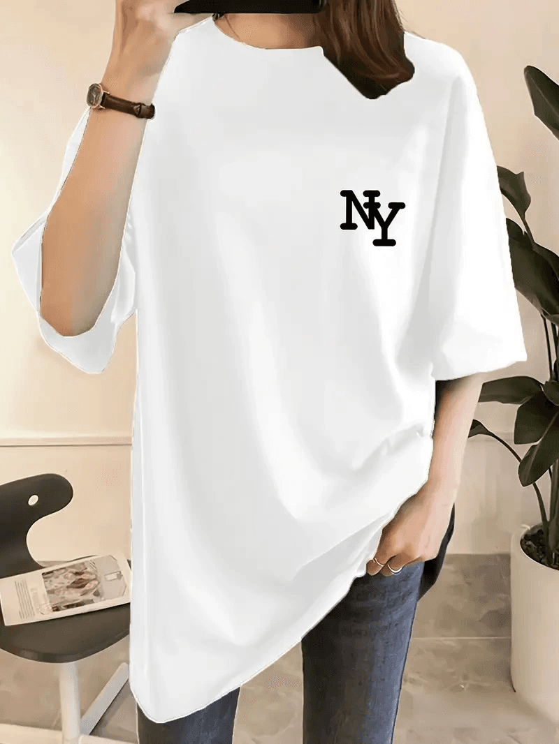 Kadın T-shirt Eğlenceli Harf NY Baskılı Bisiklet Yaka Tişört - Beyaz — görsel 1 / 3