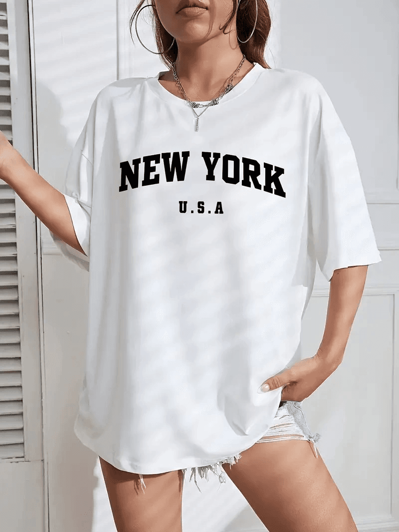 Kadın New York Baskılı Tişort Kısa Kol Bisiklet Yaka T-shirt - Beyaz — görsel 1 / 5