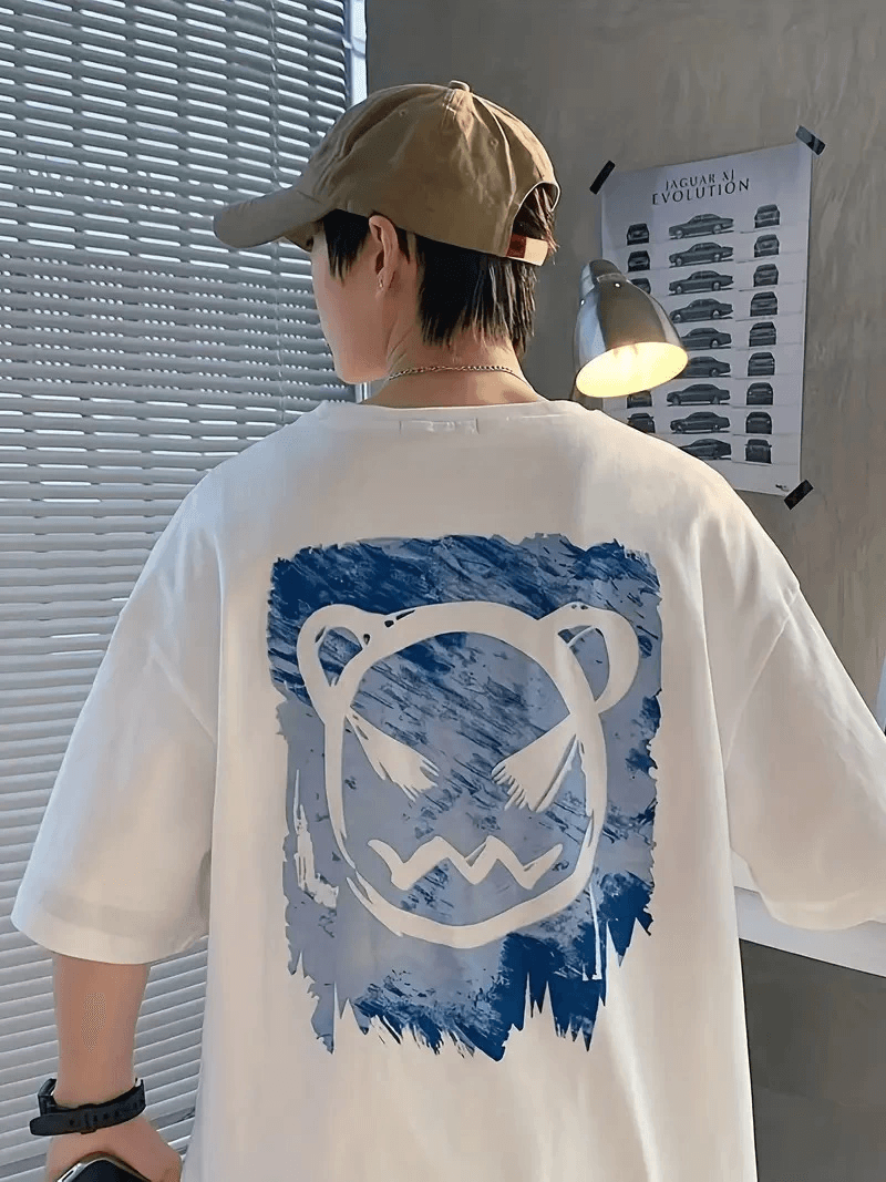 Erkek Tişört Bisiklet Yaka Kore sevimli ayı baskı Kısa Kol T-Shirt - Beyaz — görsel 1 / 5