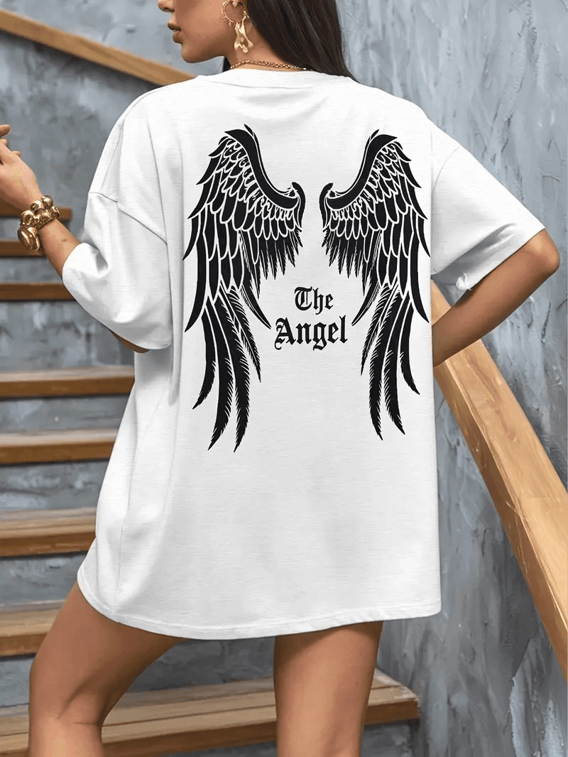 Kadın Kısa Kol Tişört Bisiklet Yaka Angel Melek Kanadı Baskılı T-Shirt - Beyaz — görsel 1 / 5