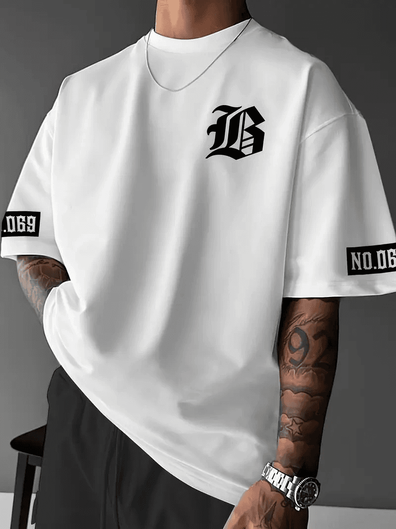 Erkek LB Baskılı Tişört Bisiklet Yaka Kısa Kol T-shirt - Beyaz — görsel 1 / 4