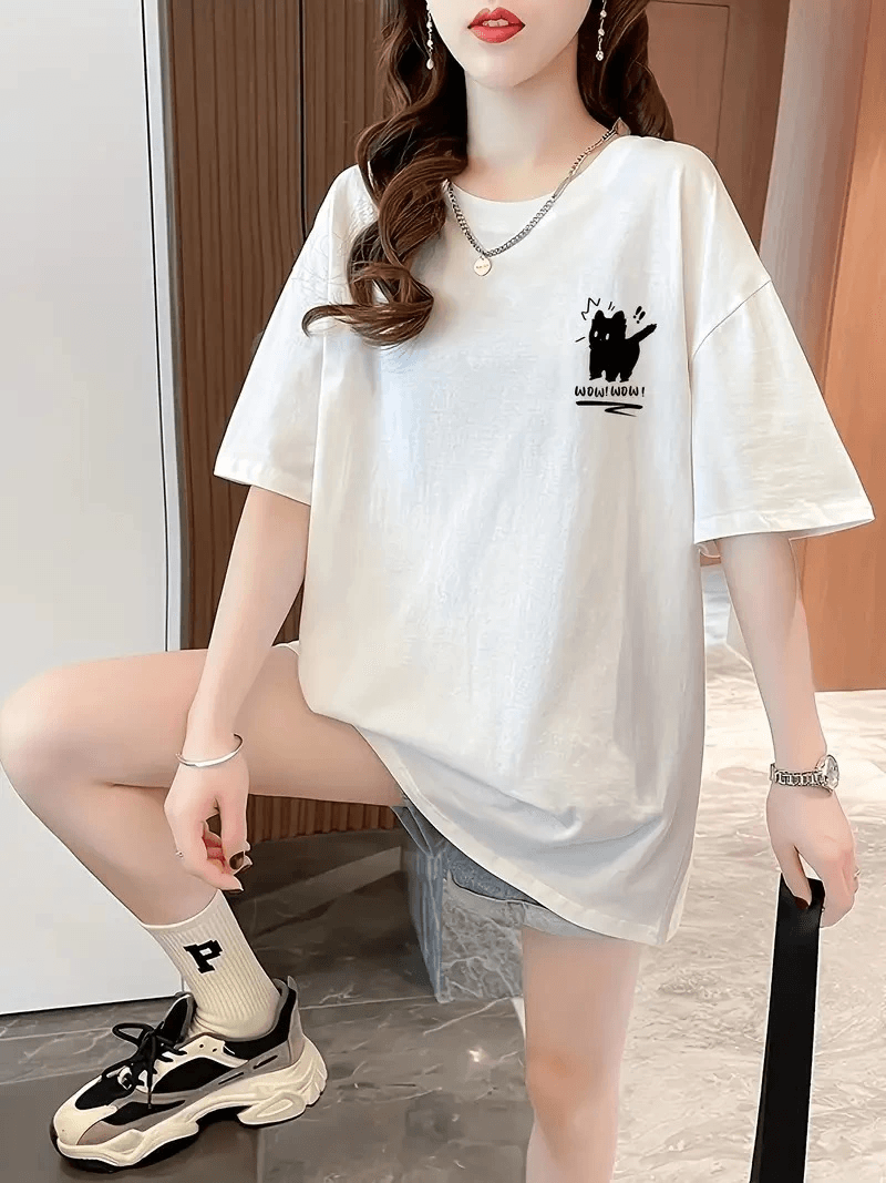 Kadın Tişört Penye Compack Tatlı Kedi Baskılı Bisiklet Yaka T-shirt - Beyaz — görsel 1 / 2