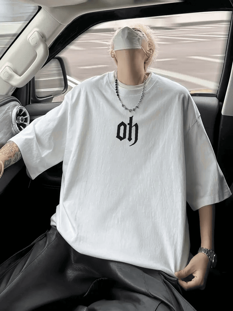 Erkek Kısa Kol Yazlık Tişört Bisiklet Yaka Baskılı Oversize T-Shirt - Beyaz