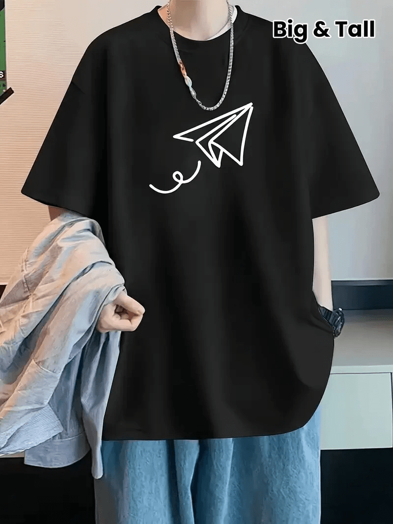 Erkek Kısa Kol Yazlık Tişört Bisiklet Yaka Baskılı Oversize T-Shirt - Siyah