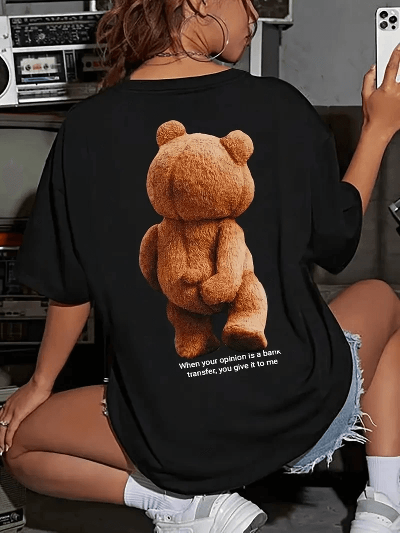 Kadın Tişört Büyük Boy Ayıcık Baskılı Bisiklet Kısa kol t-shirt - Siyah — görsel 1 / 5