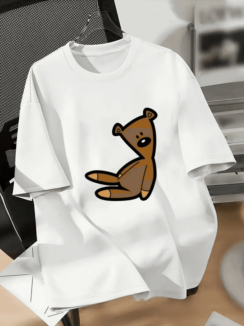 Kadın Tişört Bisiklet yaka Ayı Baskılı yazlık Kısa Kol T-shirt - Beyaz — görsel 1 / 3